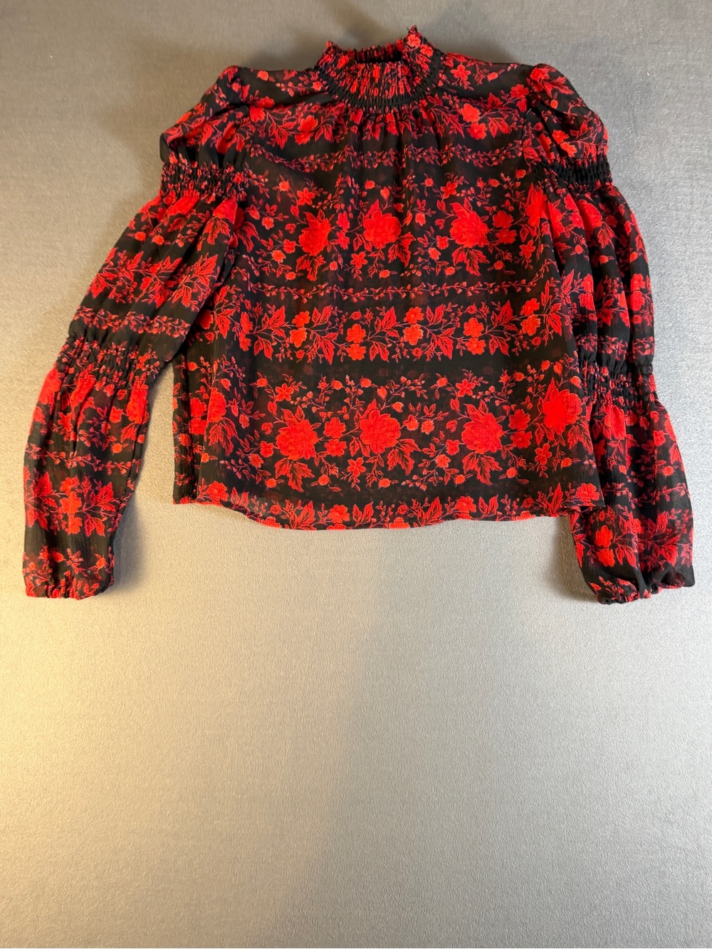 BB Dakota Red Floral Smocked High-Neck Blouse on Black